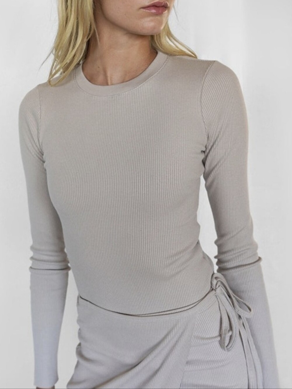 The Range | Ribbed Long-Sleeve Bodysuit Back Cut-Out in Beige, XS